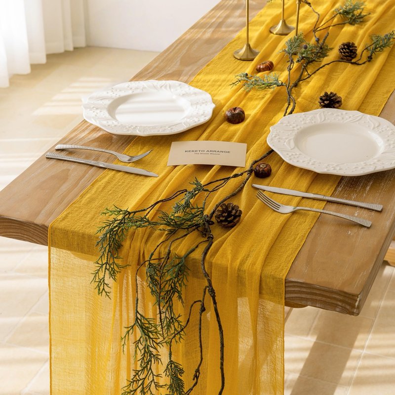 Keketoarrange 6pcs Golden Gauze Rustic Cheesecloth Table Runner 120 Inch 10 FT for Wedding Baby Shower Bridal Shower Birthday Engagement Garden Outdoor Party Long Sheer Boho Decorations