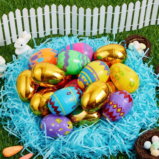 JOYIN 36 Pcs 3.15" Colorful Printed Eggs Include 8 Golden, Plastic Fillable Empty Eggs for Easter Hunt, Basket Stuffer Filler, Classroom Prize, Party Favors