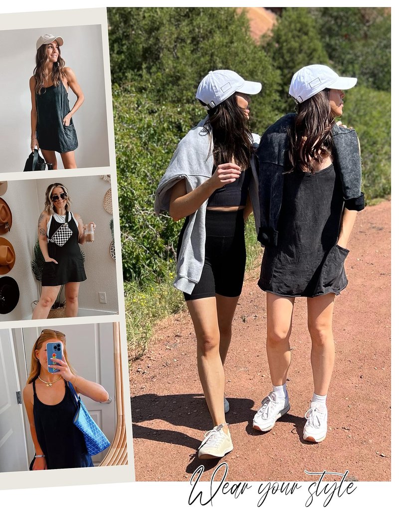Lentta Womens Athletic Sleeveless Mini Dress with Built-in Shorts V Neck Spaghetti Strap Sundress(Black-XL)