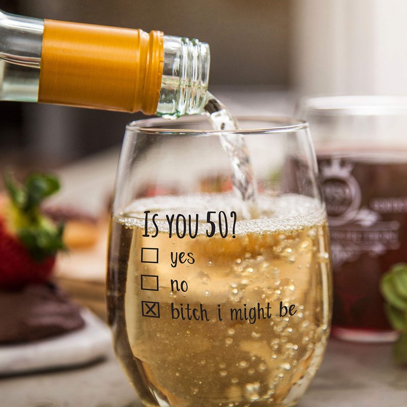 Gelid 50th Birthday Gifts for Women and Men Wine Glass - Funny Is You 50 Gift Idea for Mom Dad Husband Wife – 50 Year Old Party Supplies Decorations for Him, Her - 15oz
