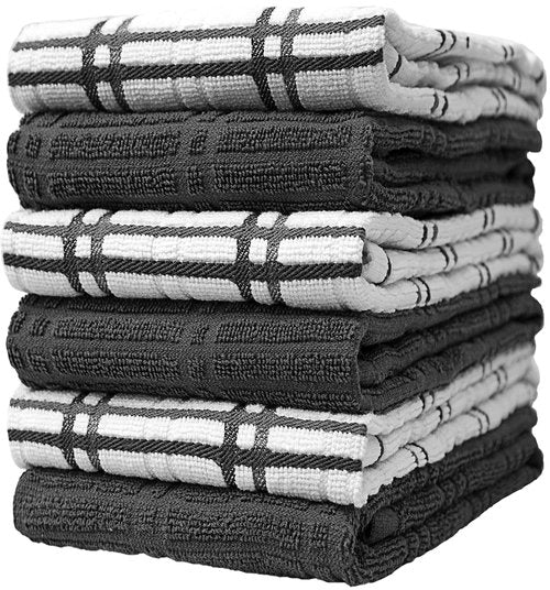 Dish Towel 16"x26" | Grey Windowpane Design | Kitchen Hand Towels, Large Tea Towel Set | Natural Ring Spun Cotton Dish Towels for Kitchen | Soft, Highly Absorbent | 400 GSM – 6 Pack