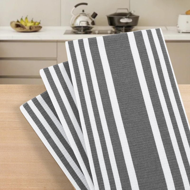 Homaxy Premium Kitchen Towels 18”x 28”, Large Cotton 380 GSM Kitchen Hand Towels, Stripe and Terry Dish Towel, Highly Absorbent Tea Towel Set with Hanging Loop, 6 Pack, Black