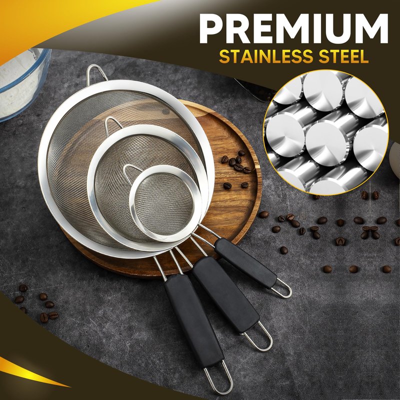Kafoor Set of 3 Fine Mesh Strainers for Kitchen | 3.4 inch, 5.5 inch and 7.9 inch Stainless Steel Strainer