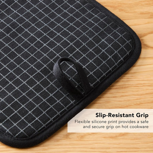KITCHENAID Gourmet Series Gridlines Pot Holders 2-Pack Set, Heat Resistant up to 600°F, Soft Silicone Grip, Magnetic Cuff, Matte Black, 8"x8"