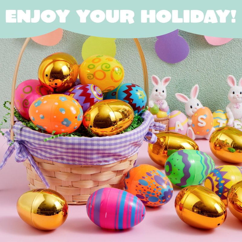 JOYIN 36 Pcs 3.15" Colorful Printed Eggs Include 8 Golden, Plastic Fillable Empty Eggs for Easter Hunt, Basket Stuffer Filler, Classroom Prize, Party Favors