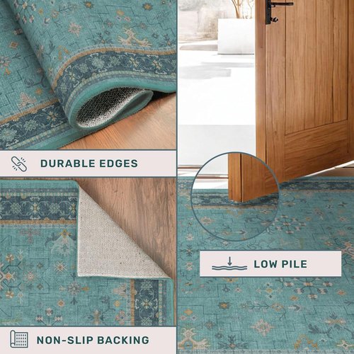 Boho Extra Long Runner Rug - Machine Washable & Stain Resistant | Non-Slip Rubber Backing, Teal 2x10