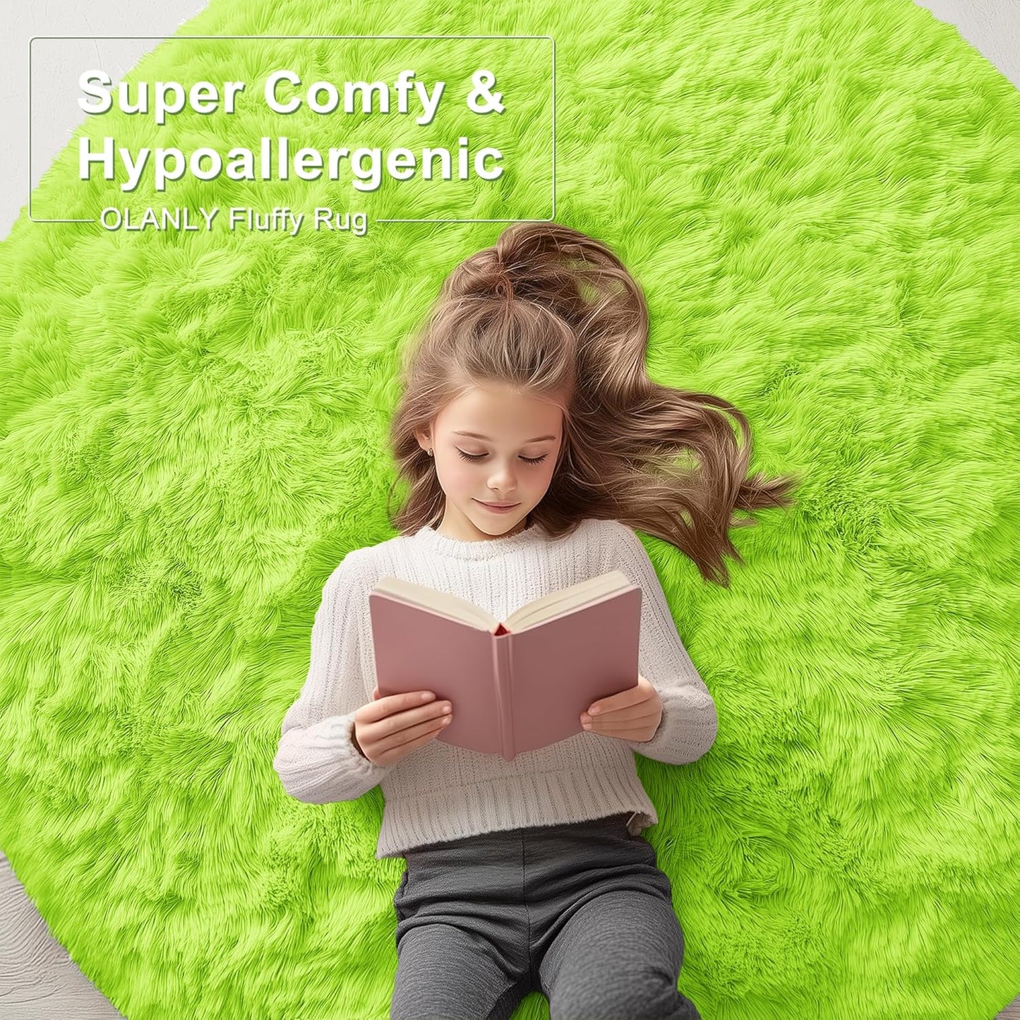 OLANLY Round Lime Green Area Rug - Soft, Fluffy, Machine Washable 6 ft Carpet for Bedroom & Living Room Decor