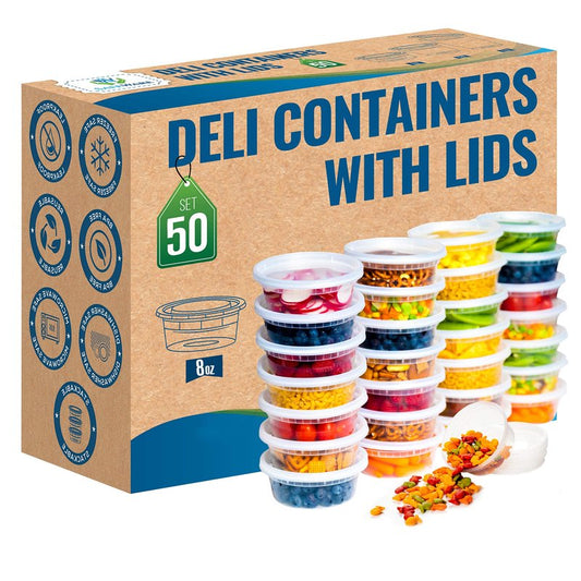 Deli Plastic Food Containers with Airtight Lids [50 Sets], Leakproof Slime Small Combo Pack [Reusable, Storage, Disposable, Meal Prep, Soup, Microwaveable & Freezer Safe] (16oz)