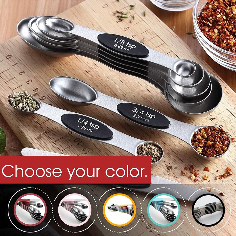 Spring Chef Magnetic Measuring Spoons Set, Dual Sided, Stainless Steel, Fits in Spice Jars, Pine Green, Set of 8, 2 Pack