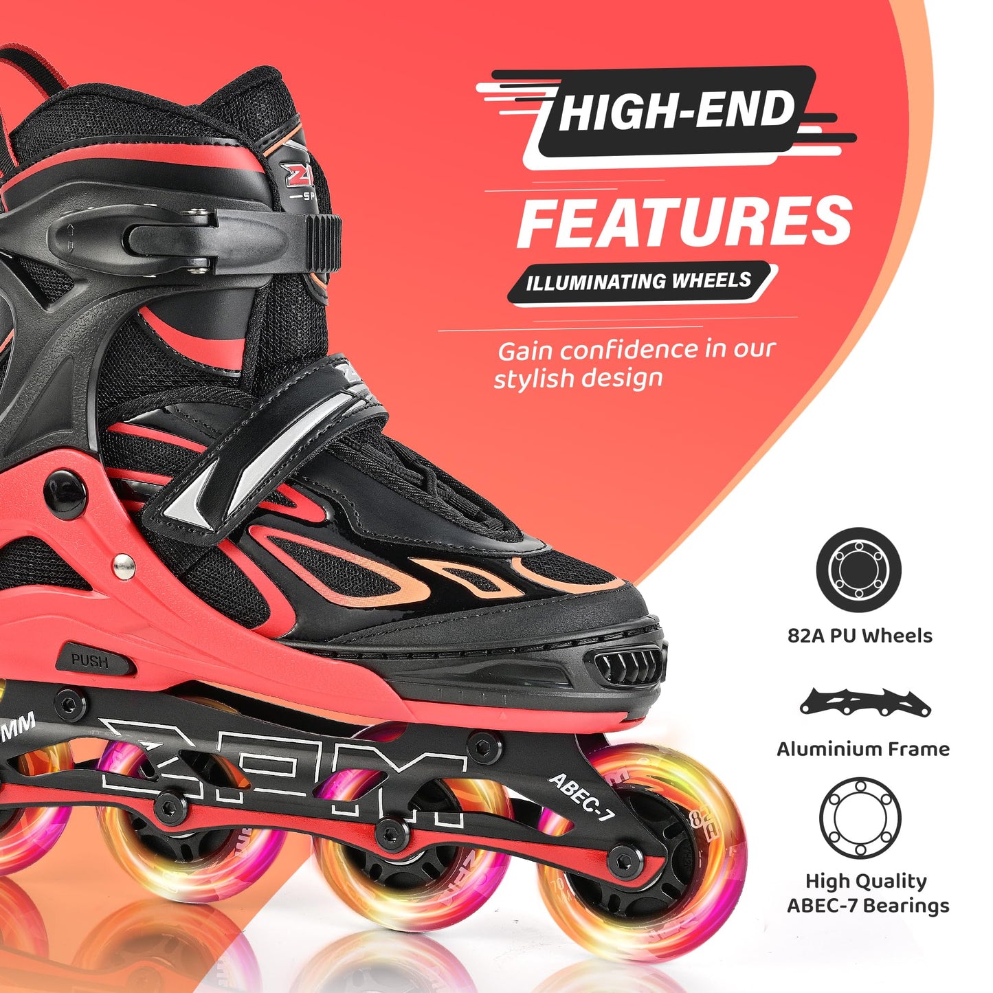2PM SPORTS Vinal Inline Skates for Girls Boys Kids Ages 5-8 8-12 with Adjustable Illuminating Wheels, Inline Roller Skates for Youth Women Men - Red Large