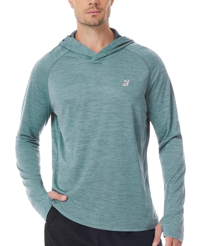 Roadbox Mens UPF 50+ Sun Hoodie, Long Sleeve UV Protection Lightweight Athletic Rash Guard Shirt for Outdoor Fishing Hiking Grey Green