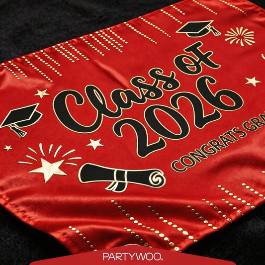 PartyWoo Graduation Decorations Class of 2026 Grad Party Supplies Set with Congrats Grad Red Black Pink Backdrop Banner Hanging Swirls Foil Latex Balloons Graduation Cap Centerpieces Party 40pcs