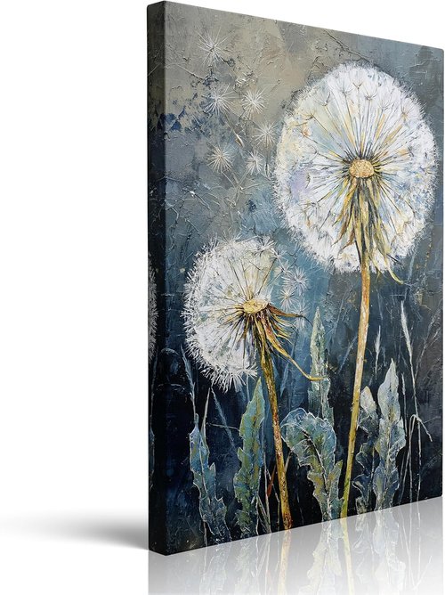 Dandelion Canvas Wall Art - Framed Wildflower Botanical Painting | Serene Blue Gray Rustic Decor, 12x16 Inches