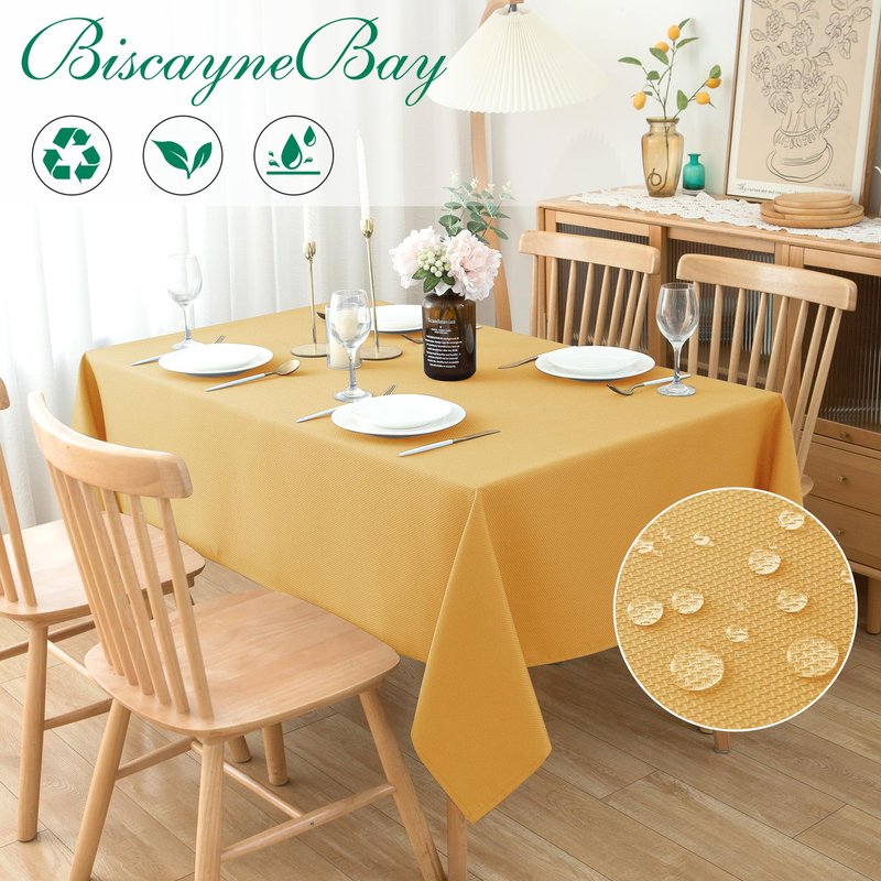 Biscaynebay Fall Tablecloth Textured Fabric 60x84 Inch Rectangular, Fall Gold Thanksgiving Autumn Harvest Water Resistant Fabric Tablecloths for Kitchen, Dining, Wedding, Parties Machine Washable