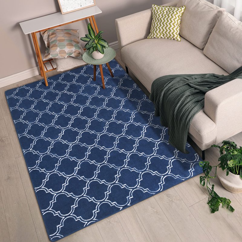 Chicrug Shag Geometric Modern Area Rug for Bedroom, 5x7 Feet Memory Foam Indoor Carpet, Fluffy Rug for Living Room Bedside Room Decor for Family Girls Kids Nursery Play Mat, Navy/White