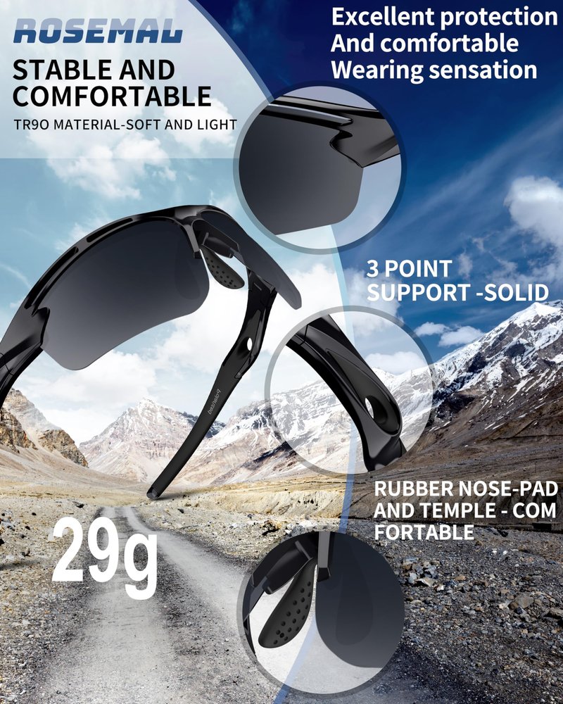 Rosemal Polarized Sunglasses for Men Women,TR90 Sport Sunglasses, UV400 Protection, Anti-Slip/Anti-Fog for Running, Cycling, Fishing, Driving Golf