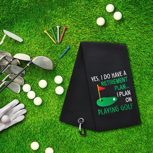 ERHACHAIJIA Yes I'd Have A Retirement Plan Embroidered Golf Towel with Clip. Funny Golf Accessories Gifts for Men Women Golfer Grandma Grandpa Mom Dad, Birthday Retirement