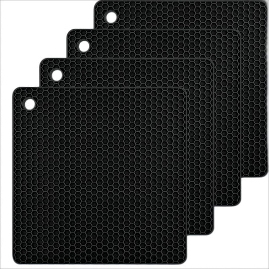 Hotsyang Silicone Trivets Mats Set, Hot Pads and Trivets for Hot Dishes, Pots and Pans, Black Silicone Hot Pads for Kitchen Table, Square Trivet Mat Set of 4