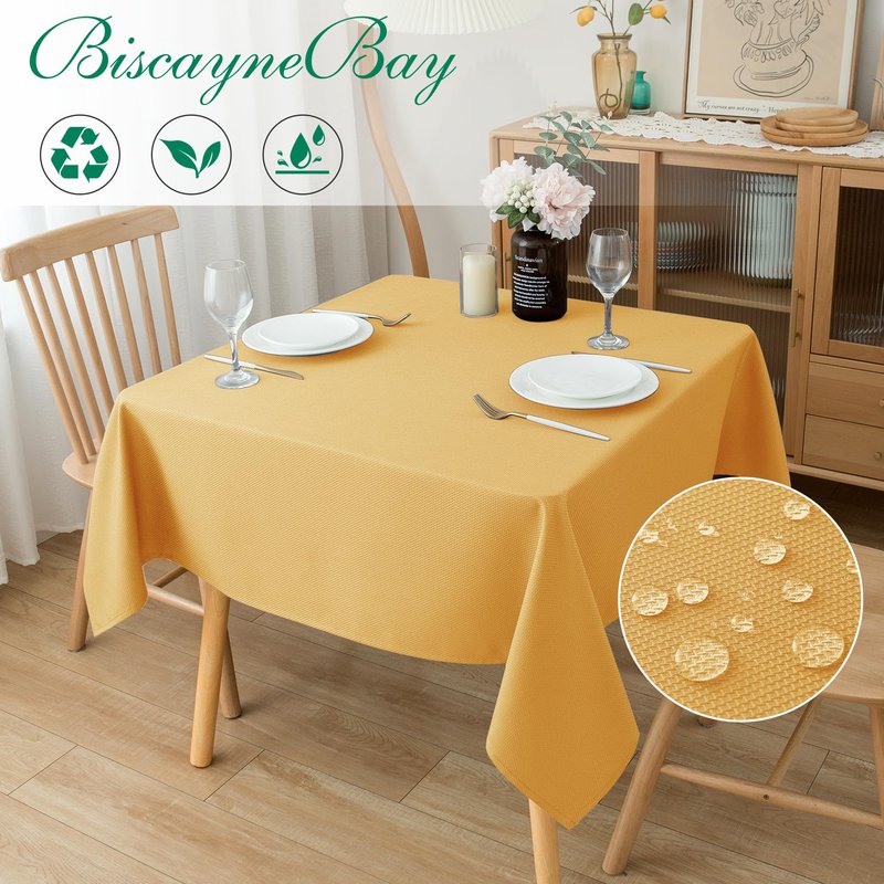 Biscaynebay Fall Tablecloth Textured Fabric Square Tablecloths 90x90'', Fall Gold Thanksgiving Autumn Harvest Water Resistant Fabric Tablecloths for Kitchen, Dining, Wedding, Parties Machine Washable