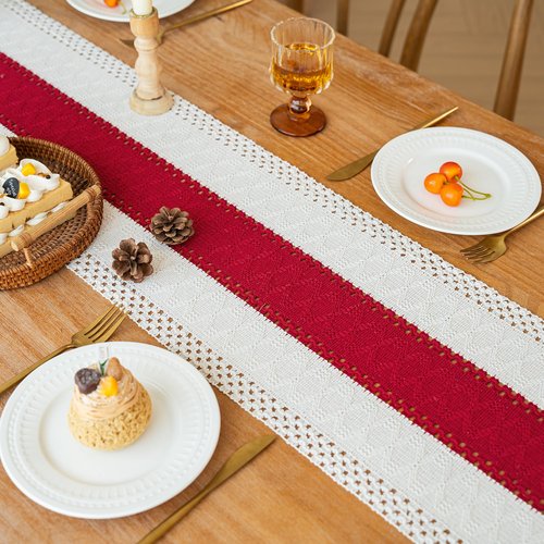 FEXIA Christmas Table Runner for Home Decor with Tassels 72 Inches Long Farmhouse Red Rustic Boho Table Runner Macrame Burlap Table Decoration for Living Room Bridal Shower(12x72 Inches)