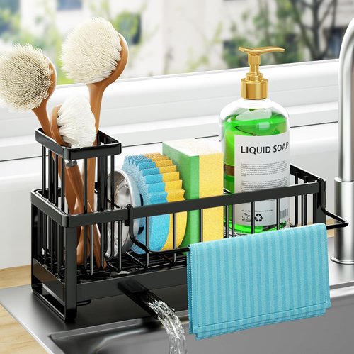 HapiRm Sponge Holder - Self-Draining Sink Caddy with Brush & Dishcloth Holders | Black Stainless Steel