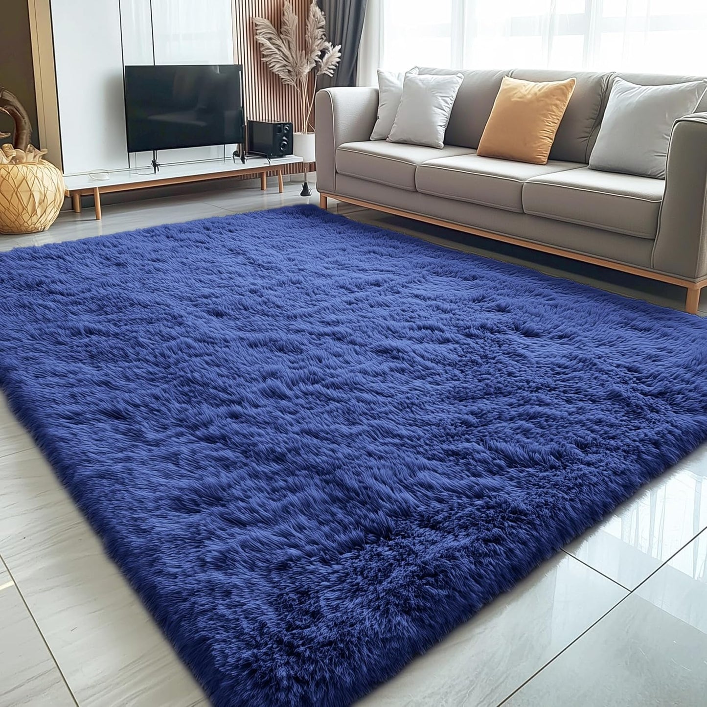 OLANLY Large Area Rug - Soft Fluffy Shaggy Carpet for Living Room & Bedroom | Navy Blue 6x8 ft