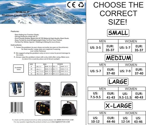 Ice Grips Traction Cleats for Shoes - Durable Slip-On with 10 Steel Studs, Extra Studs Included