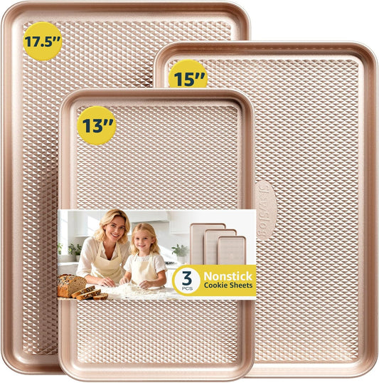 3Pcs Nonstick Baking Sheet Pan Set by [Brand Name] - Heavy Duty Carbon Steel | Gold Jelly Roll Pans