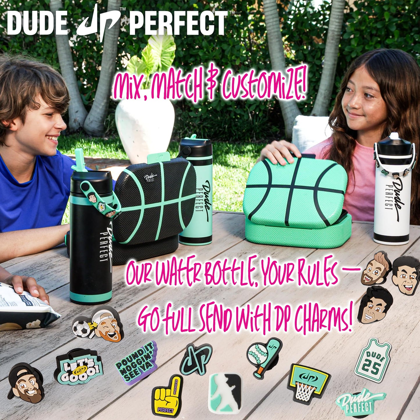Dude Perfect Water Bottle with Rare Charms | Stainless Steel Double-Wall Vacuum Insulation | Leak Proof Flex Straw Lid | NOGGZ for Carry-Strap | Sports Grip Reusable Travel Cap for Kids | 24 oz Teal