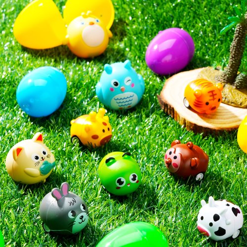 JOYIN 12 Pcs Prefilled Easter Eggs with Toys, Plastic Easter Eggs with Animal Cars for Kids Gift, Basket Stuffers, Classroom Prize Supplies, Party Favors