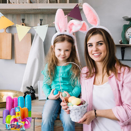 Prefilled Easter Eggs with Candy, 50 Count Bulk, Assorted Colors Plastic Eggs with Spring Themed Chocolate Candy Mix and Stickers for Egg Hunts, Goodie Bags, Basket stuffers for Kids, Girls and Boys