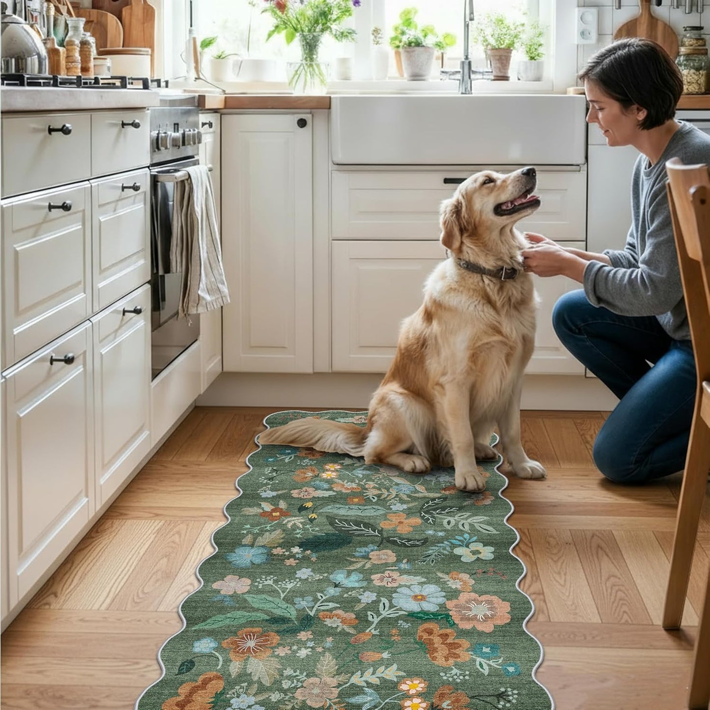 Skiennix Washable Kitchen Area Rug - Floral Scalloped Non-Slip Runner for Hallway & Bathroom | 2x5 ft, Green