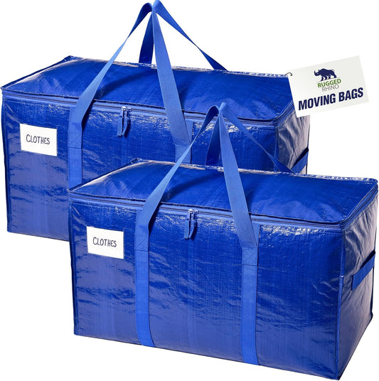 RUGGED RHINO Heavy Duty Extra Large Moving Bags - Durable Blue Storage Solution with Zipper & Strong Handles | 2 Pack