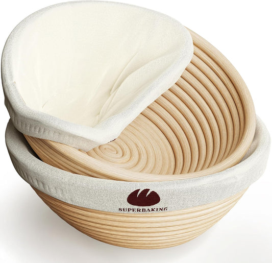 Superbaking Banneton Bread Proofing Basket Set - 9" Round Rattan with Liners for Perfect Sourdough Baking
