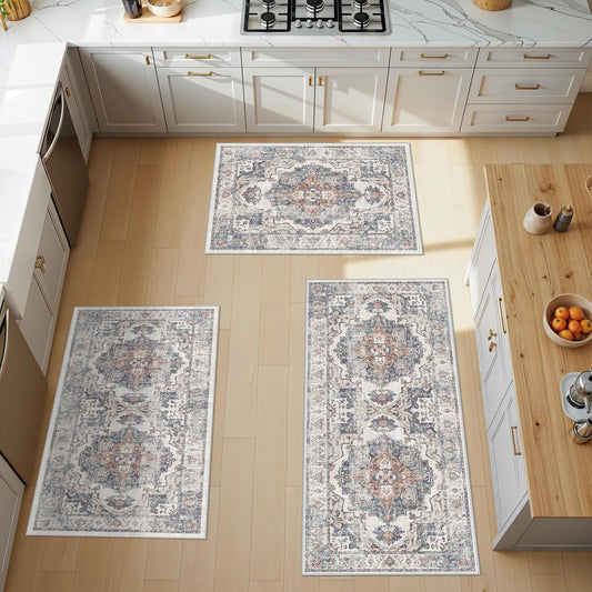 Skiennix Washable Kitchen Rug Set - Boho Non-Slip Soft Mats for Dog Bowl Area | 3 Sizes in Brick