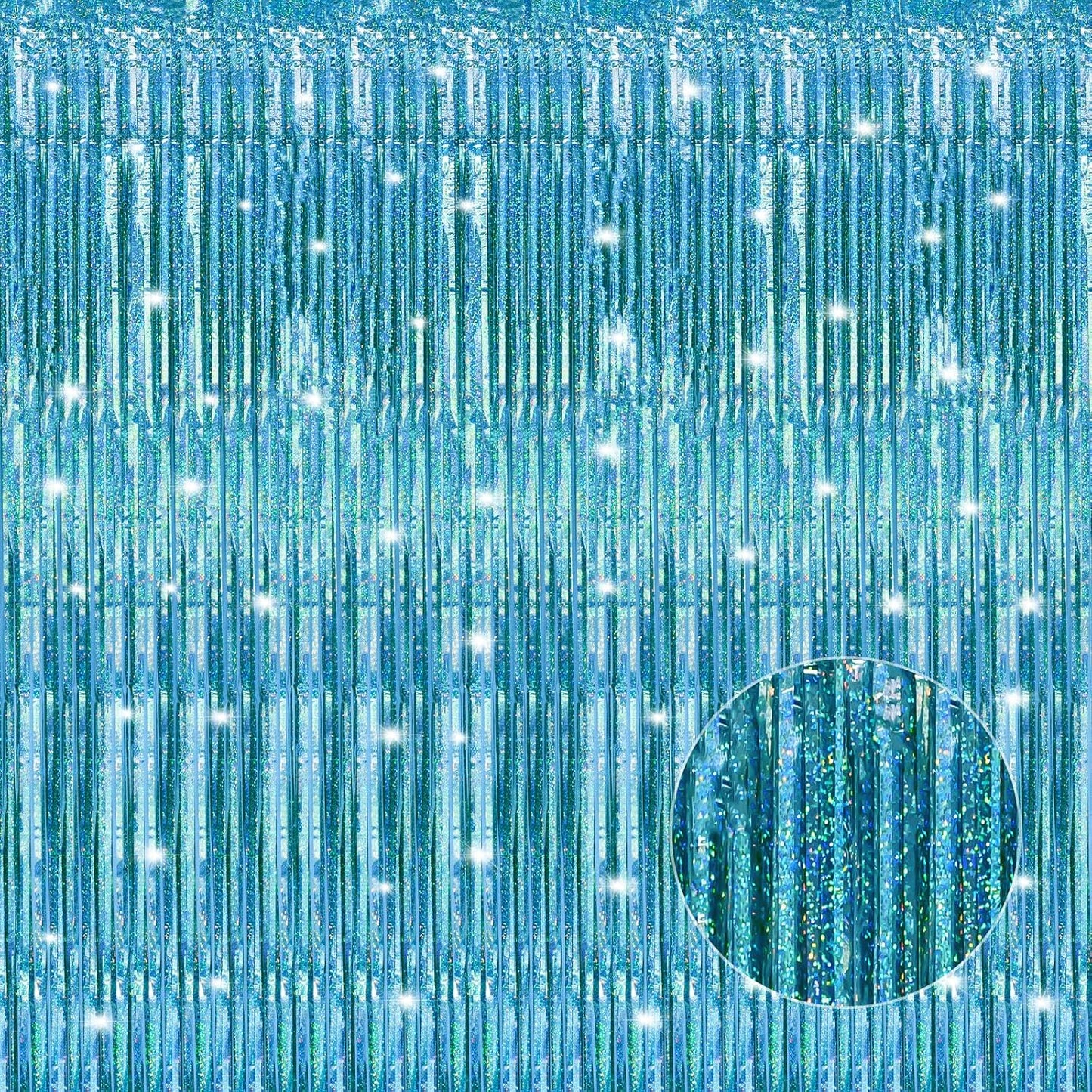 Skiennix Laser Blue Foil Fringe Curtains - 2 Pack Tinsel Backdrop for Parties | 3.3 x 8.2 ft
