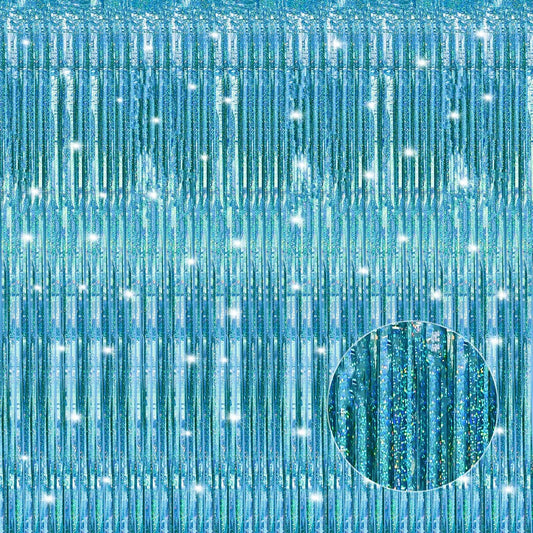 Skiennix Laser Blue Foil Fringe Curtains - 2 Pack Tinsel Backdrop for Parties | 3.3 x 8.2 ft