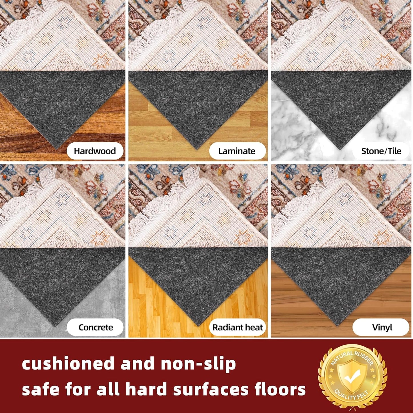 BAGAIL Non-Slip Rug Pads - 1/4” Thick Felt & Natural Rubber Backing | 5 x 7 Ft Carpet Grippers for Hardwood Floors