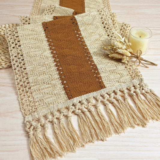 FEXIA Boho Table Runner 36 Inches Long Thanksgiving Decor Macrame Table Runner Farmhouse Stylewith Tassels for Party Bohemian Rustic Wedding Bridal Shower Dining Decor Middle Brown (12x36 Inches)