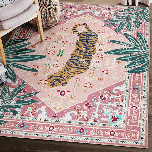 Aldopein Washable Pink Rugs Boho Vintage Tropical Jungle 5x7 Area Rugs Jungle Oriental Carpet for Bedroom Kitchen Dining Living Room Office Distressed Indoor Cute Nursery Rug