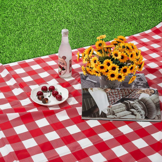 Kesfey 8 Packs Red and White Checkered Tablecloths 54 x 108 Inches Disposable Rectangle Red Gingham Table Cloth Waterproof Plastic Picnic Party Plaid Tablecovers for Picnic BBQ Family Outings
