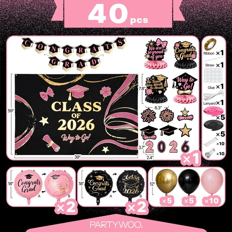 PartyWoo Graduation Decorations Class of 2026 Black Pink Gold 40pcs Grad Party Supplies with Congrats Grad Black Backdrop Banner Hanging Swirls Foil Latex Balloons Graduation Cap Centerpieces Party