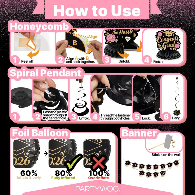 PartyWoo Graduation Decorations Class of 2026 Black Pink Gold 40pcs Grad Party Supplies with Congrats Grad Black Backdrop Banner Hanging Swirls Foil Latex Balloons Graduation Cap Centerpieces Party