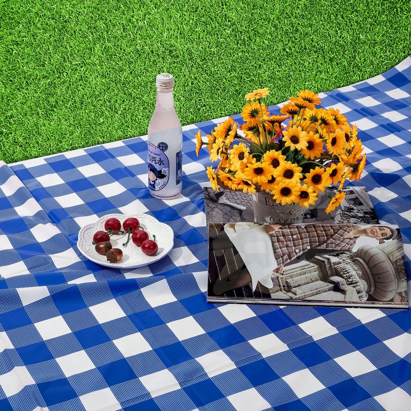 Kesfey 8 Packs Bule and White Checkered Tablecovers 54 x 108 Inches Disposable Party Picnic Table Cloth SpillProof Plastic Gingham Tablecovers for Camping Decoration Party Favors