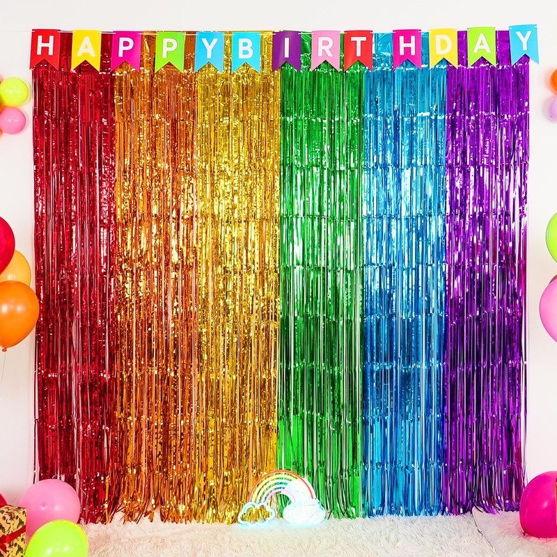 Rainbow Foil Fringe Curtains, 2 Pack 3.3x6.6ft Rainbow Metallic Tinsel Metallic Streamers Holiday Photo Booth Props Backdrop for Rainbow Birthday Wedding Bridal Shower New Years Party Decorations