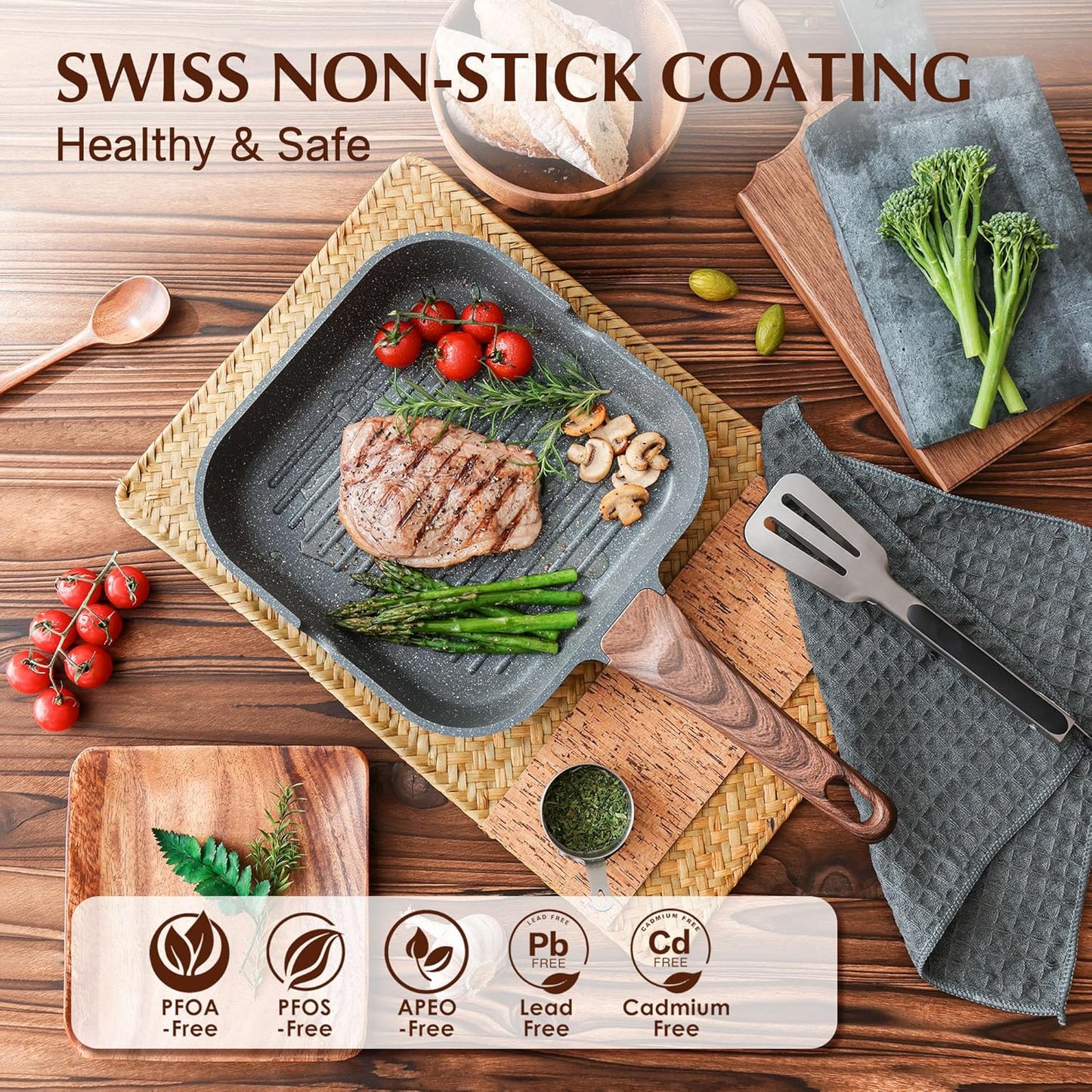 SENSARTE Nonstick Grill Pan - Versatile 9.5 Inch Griddle with Pour Spouts for Indoor & Outdoor Cooking