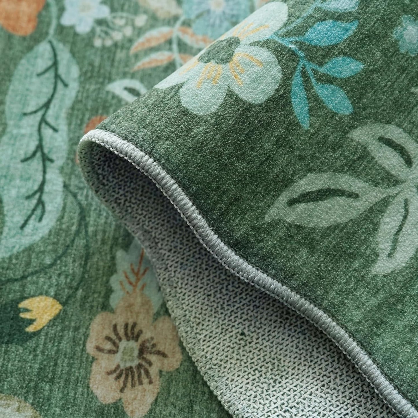 Skiennix Washable Kitchen Area Rug - Floral Scalloped Non-Slip Runner for Hallway & Bathroom | 2x5 ft, Green