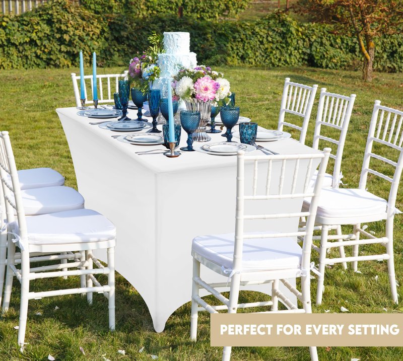 Utopia Kitchen Spandex Tablecloth 2 Pack [8FT, White] Tight, Fitted, Washable and Wrinkle Resistant Stretch Table Cloth Rectangle Cover for Trade Show, Weddings & Parties [96Lx30Wx30H Inch]