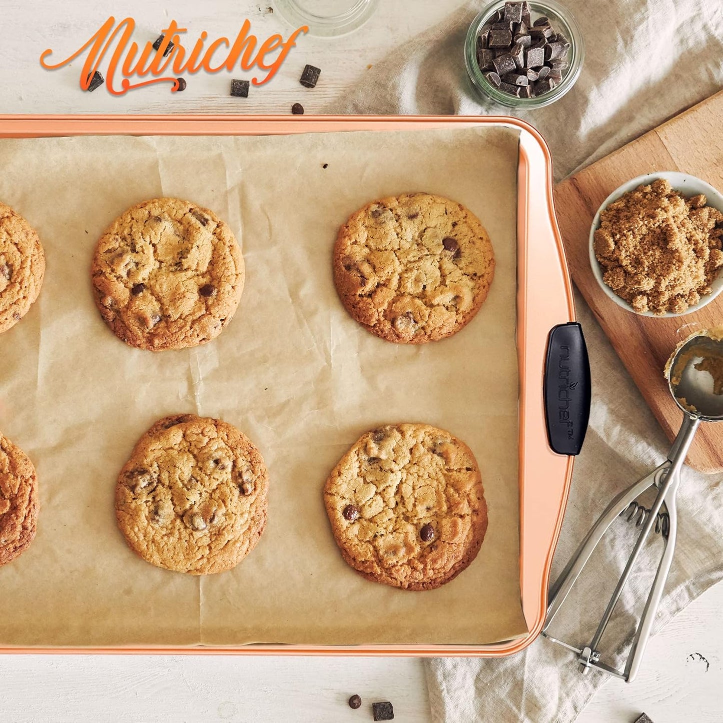 Nutrichef 15” Nonstick Cookie Sheet - Premium Carbon Steel Baking Pan with Silicone Handles | Dishwasher Safe, Copper