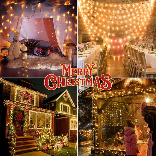 Hopolon 100 LED Christmas Lights Indoor Outdoor,33FT Warm White Twinkle Fairy Light Plug in,8 Modes Waterproof Clear Wire String Lights for Bedroom Classroom Xmas Tree Wedding Party,100 LED,Warm White